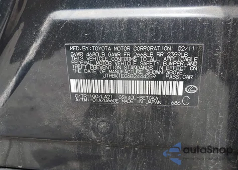 2011 Lexus Es 350 from USA, damaged, VIN JTHBK1EG6B2444259